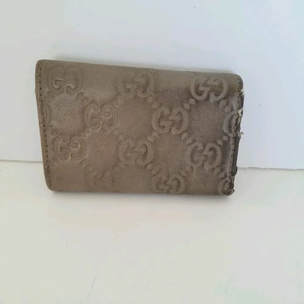 Gucci GG Key Holder Wallet Case Geniue Leather Small Gray Trifold Guccissima‎